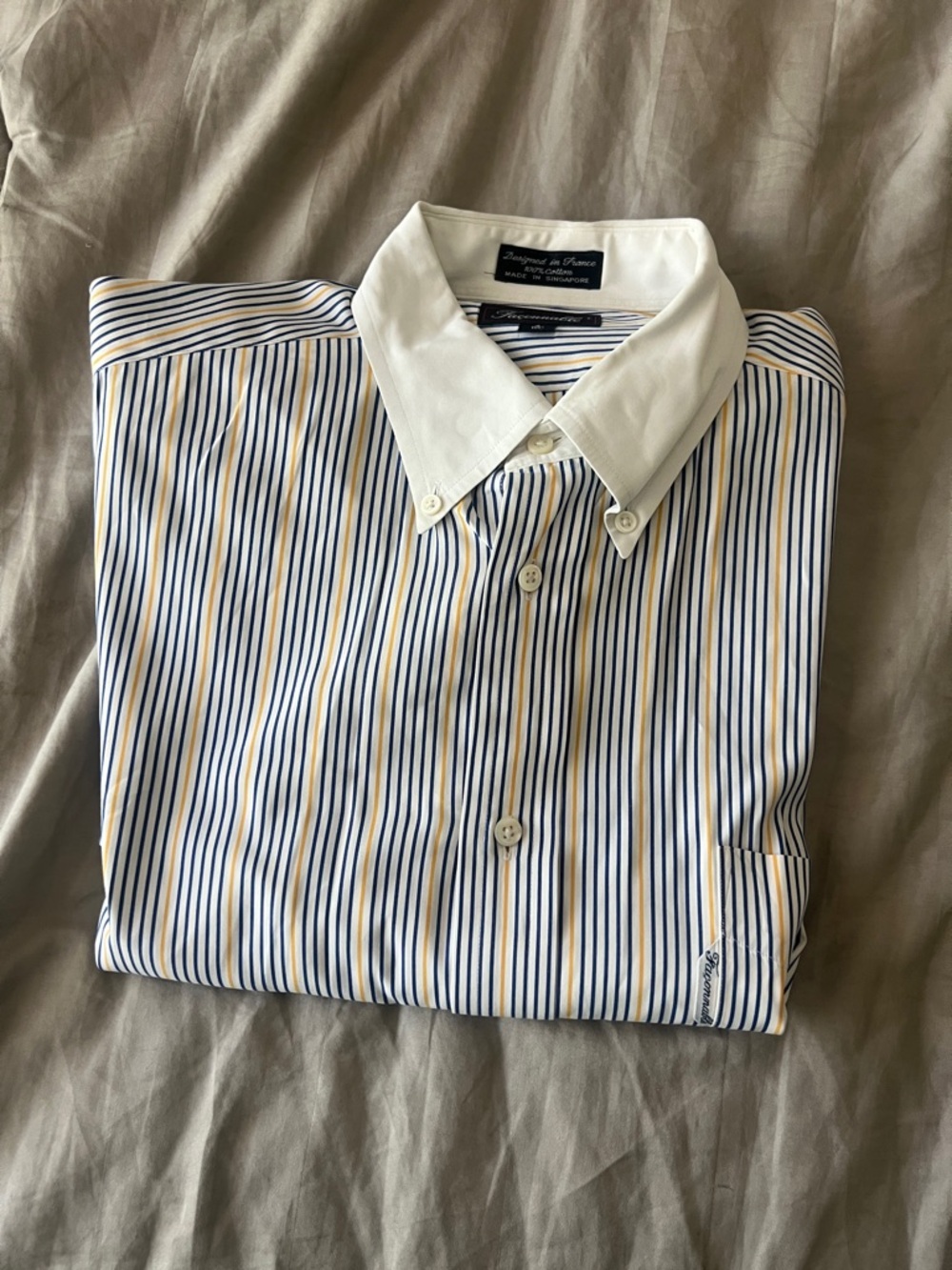 Faconnable Navy and Yellow Striped Dress Shirt with White Collar